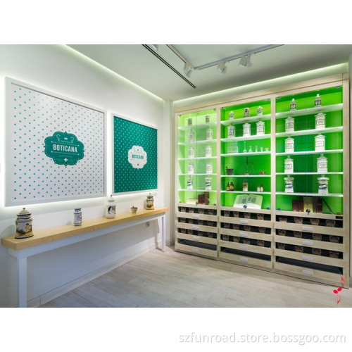 wooden acrylic and tempered glass pharmacy furniture
